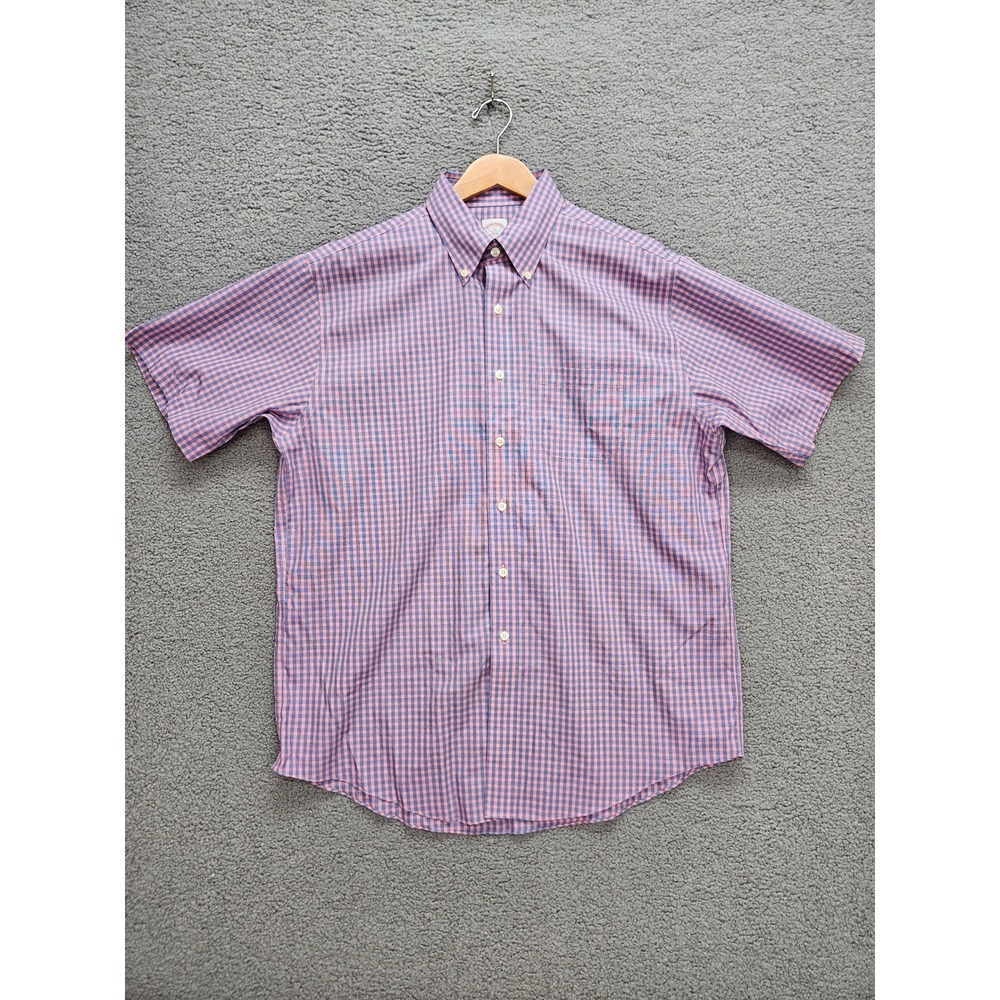 Brooks Brothers Shirt Large Pink Blue Gingham Short Sleeve Non-Iron Button Down